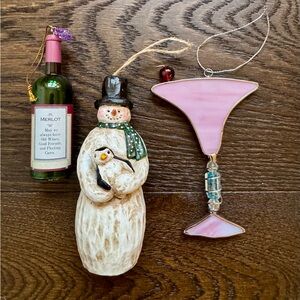 Holiday Snowman, Martini Glass & Wine Bottle Ornament Set